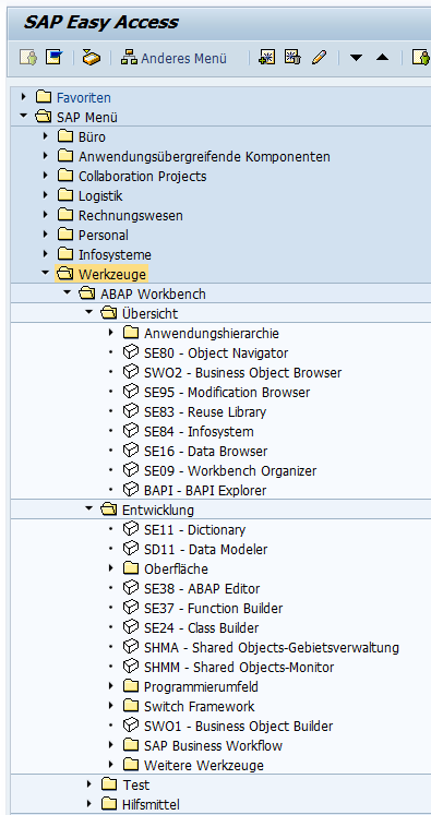 SAP Menü im Bereich ABAP Workbench