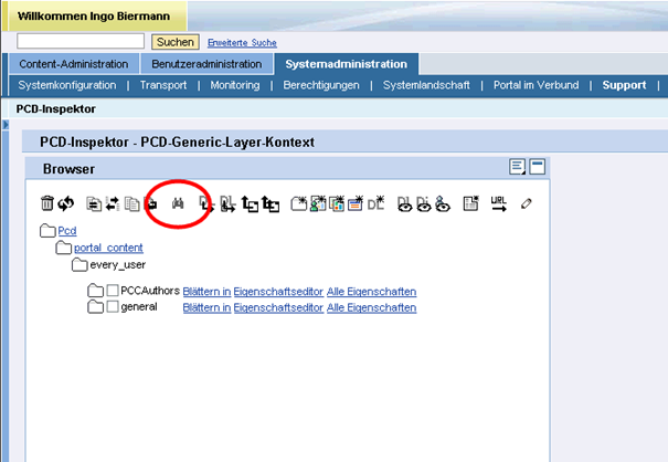 Im SAP NetWeaver Portal Portal Content Directory (PCD Inspektor) suchen.