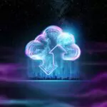 Creative background, hologram image of clouds on the background of energy waves, purple background. The concept of cloud technology, cloud storage, a new generation of networks. Mixed media.