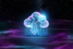 Creative background, hologram image of clouds on the background of energy waves, purple background. The concept of cloud technology, cloud storage, a new generation of networks. Mixed media.