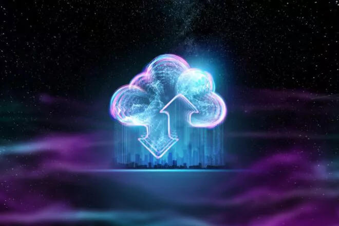 Creative background, hologram image of clouds on the background of energy waves, purple background. The concept of cloud technology, cloud storage, a new generation of networks. Mixed media.