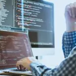 Developer programming and coding technology. Website design Safety of the social world Cyberspace concept.