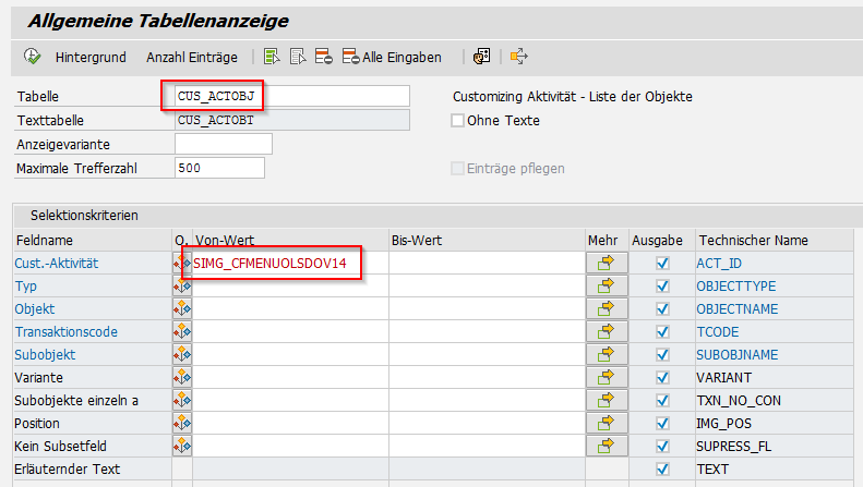Transaktionscode aus der Tabelle CUS_ACTOBJ
