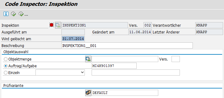Abbildung 2: Neue Inspektion über Transportauftrag mit der Prüfvariante DEFAULT