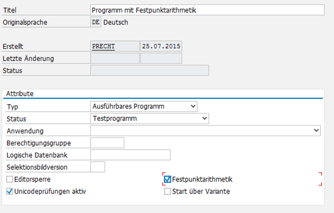 ABAP Festpunktarithmetik: Eigenschaften des Reports