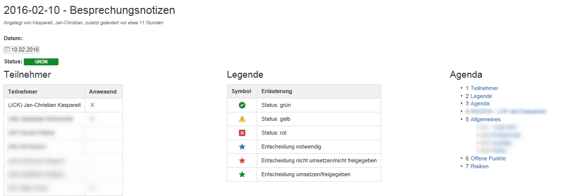 Projektmanagement mit dem Confluence Wiki: Mögliche Formatierung eines Statusprotokolls
