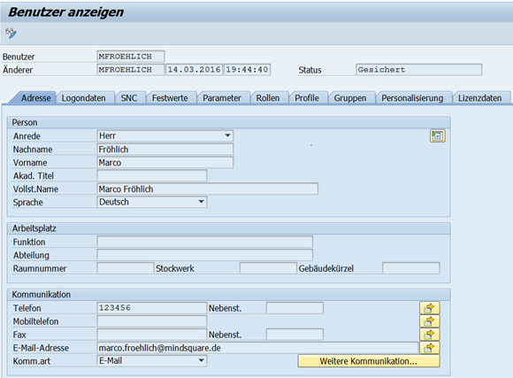 SU01 - Adressdaten (Benutzerpflege in SAP)