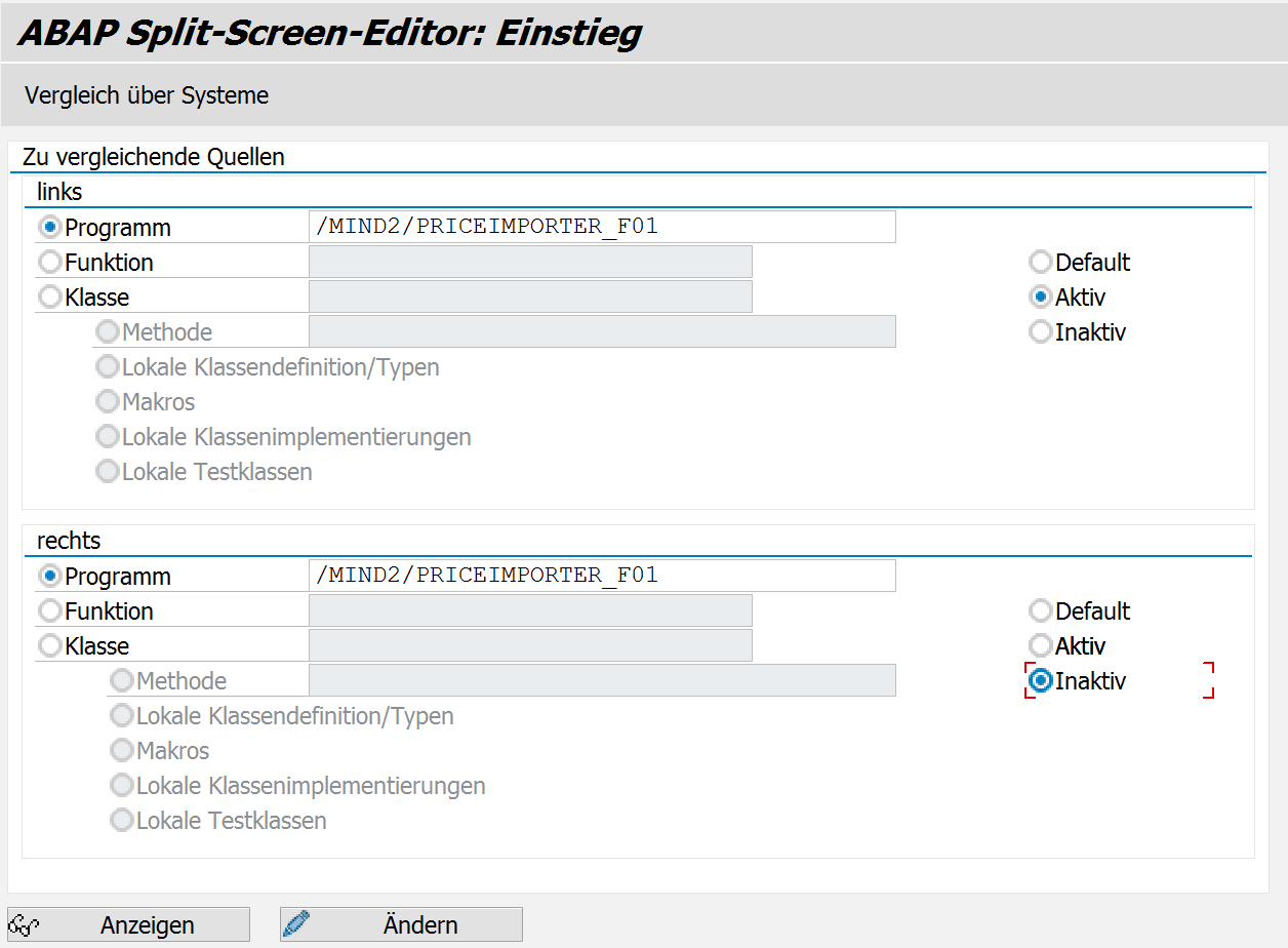 Selektionsbildschirm des Splitscreen-Editors
