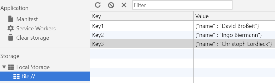 HTML5 Local Storage Screenshot mit Testdaten