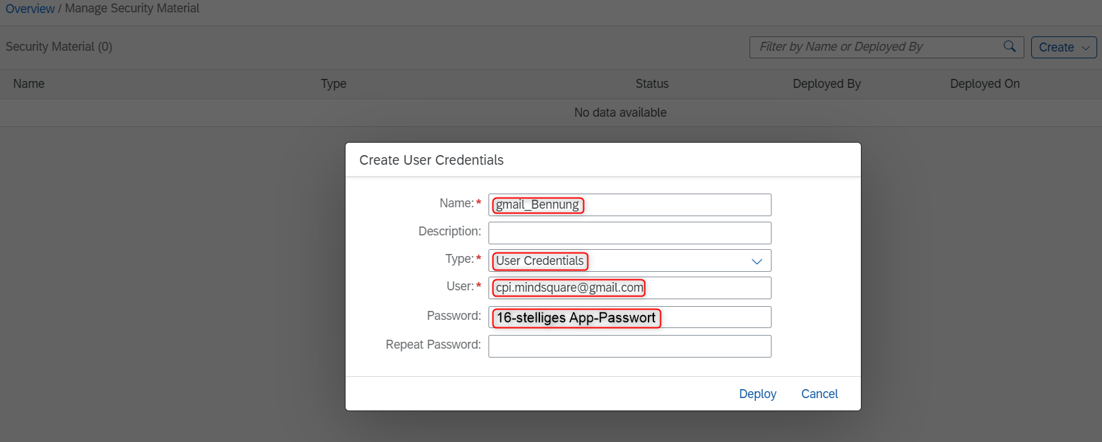 Zur Erzeugung eines User Credentials müssen Sie die rot gerahmten Eingaben berücksichtigen