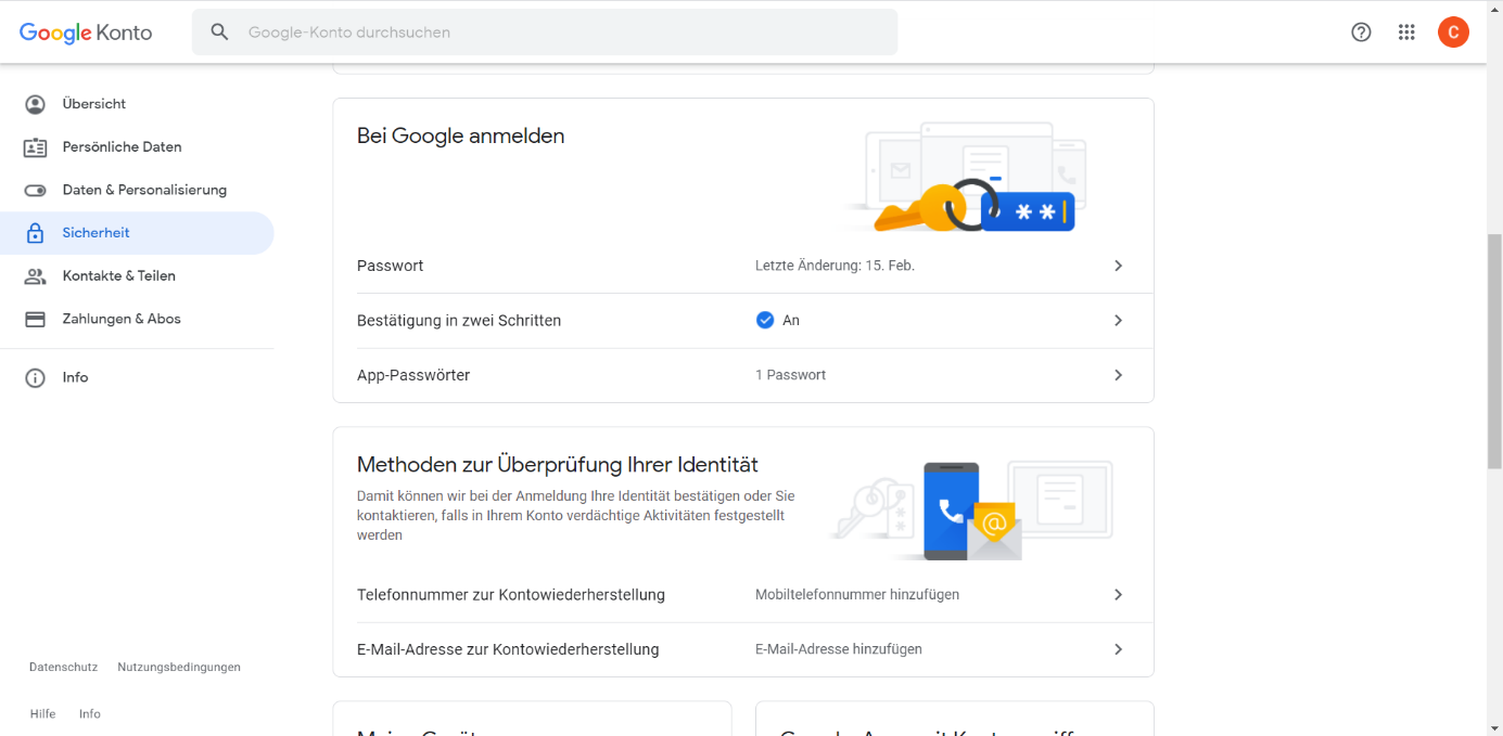 Unter dem Reiter „Sicherheit“ können Sie in Ihrem Google-Konto ein Gmail-App-Passwort generieren.