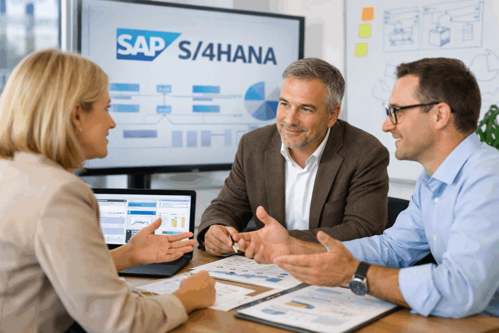 Berater und Kundenteam im Workshop zur S/4HANA Einführung in einem modernen Büro