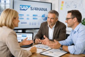 Berater und Kundenteam im Workshop zur S/4HANA Einführung in einem modernen Büro